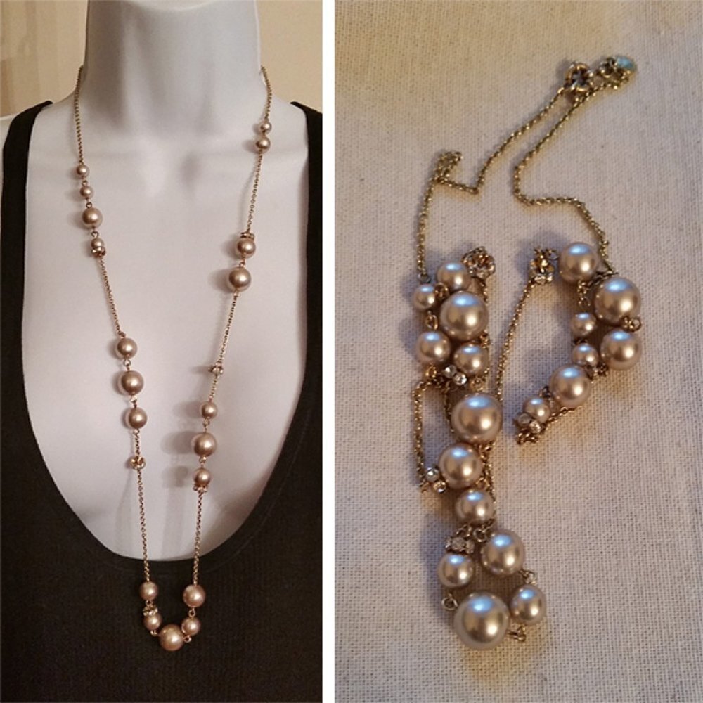 J.crew trendy long gold tone chain necklace with faux pearls stations.